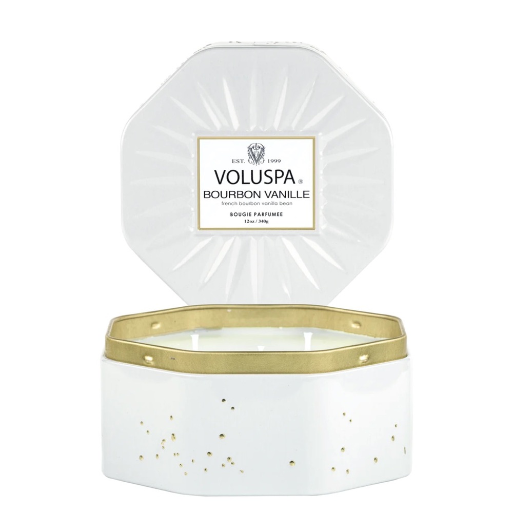 TWO Voluspa 12OZ 3 WICK OCTAGON TIN CANDLE NWOB
